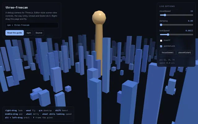 three-freecam live demo: a debug camera for Three.js